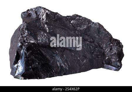macro shooting of specimen natural rock - piece of black anthracite (coal) mineral stone isolated on white background Stock Photo