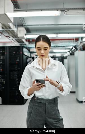 An IT specialist in a white shirt monitors systems while standing in a high-tech server room. Stock Photo