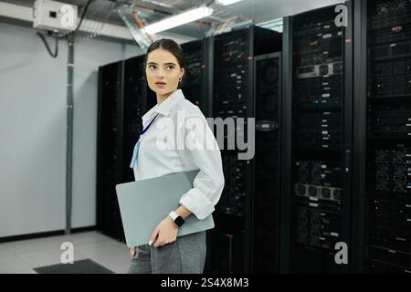 Professional woman in white shirt analyzes server hardware in a high-tech data center. Stock Photo