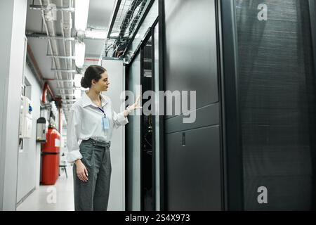 A skilled woman in a white shirt inspects server hardware and systems in the data center. Stock Photo