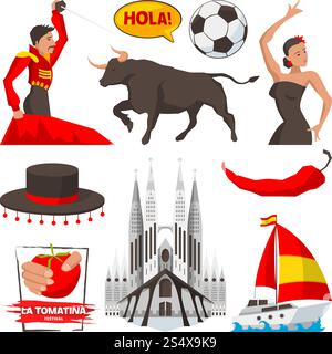Landmarks and cultural objects and symbols of spain barcelona. Vector spain culture, illustration of tourism spanish, building and corrida. Landmarks and cultural objects and symbols of spain barcelona Stock Vector
