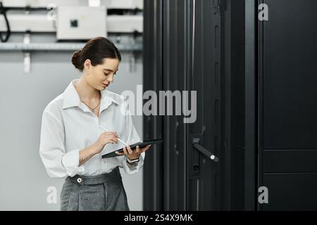 A woman in a white shirt expertly interfaces with technology in a data center. Stock Photo
