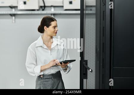 Focused IT specialist works diligently in a contemporary server room, monitoring systems. Stock Photo