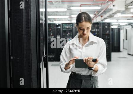 A focused woman works on her tablet in a sleek server room, ensuring smooth operations. Stock Photo