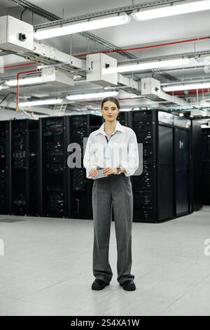 A woman in a white shirt works hard in a busy server room, keeping systems running smoothly. Stock Photo