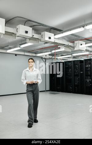 IT expert in a white shirt manages tasks in a modern server room. Stock Photo