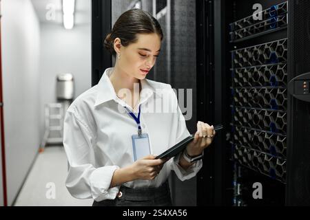 A woman in a white shirt is focused on her tablet while surrounded by server racks. Stock Photo