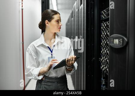 An IT specialist in a white shirt manages equipment in a data center while monitoring performance. Stock Photo
