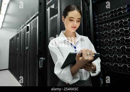 A skilled woman in a white shirt manages server systems in a professional setting. Stock Photo