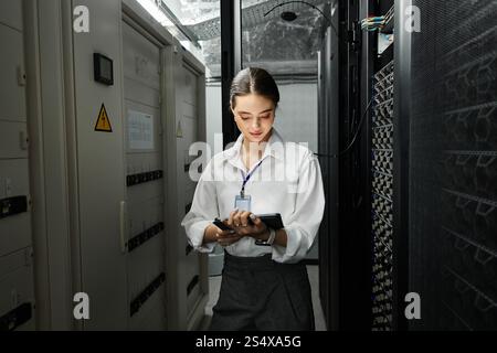 A dedicated IT specialist works on server maintenance in a contemporary data center. Stock Photo