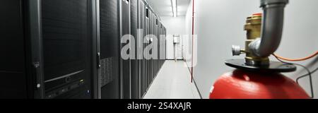 High-tech server room features professional infrastructure for cloud computing and data security, banner Stock Photo