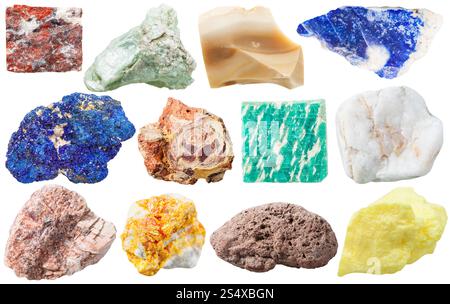 set of different mineral rocks and stones - jasper, talc, flint, lazurite, azurite, bauxite, amazonite, marble, granite, Orpiment, pumice, sulfur gem Stock Photo