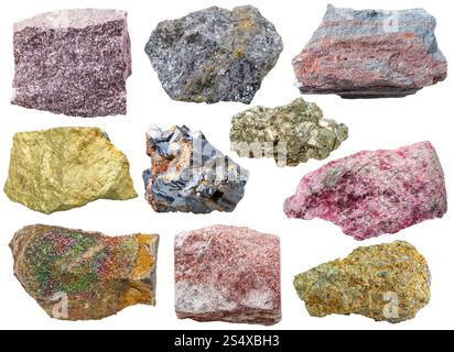 set of various glossy mineral rocks and stones - alunite, galena, ferruginous quartzite, Chalcopyrite, pyrite, eudialyte, aventurine, gem stones isola Stock Photo