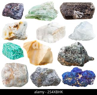 set of natural rocks and stones - tourmaline dravite, talc, azurite, galena, iceland spar, cuprite, amazonite, magnesite, gneiss, quartz, flint, Stock Photo