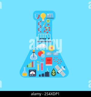 Vector flat style science icons in form of chemical vial illustration. Medicine and chemical, biology research molecular. Vector flat style science icons in form of chemical vial illustration Stock Vector