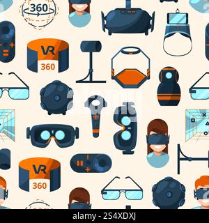 Vector pattern or background illustration with flat style virtual reality elements. Game reality virtual device, seamless pattern with gadget gaming. Vector pattern or background illustration with flat style virtual reality elements Stock Vector