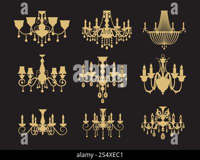 Set of vintage chandeliers isolated on black background. Vector lamp for interior, antique and luxury illustration. Set of vintage chandeliers isolated on black background Stock Vector
