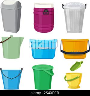 Different containers and buckets. Vector illustrations in cartoon style. Trashcan and bucketful, dustbin or basket with handle. Different containers and buckets. Vector illustrations in cartoon style Stock Vector