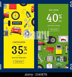Vector vertical sale web banners illustration with flat style car service elements for car service or auto parts shop. Vector sale web banners illustration with flat style car service elements for car service Stock Vector