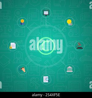 Vector flat style copyright elements infographic on gradient background with linear copyright icons. Illustration copyright protection padlock. Vector flat style copyright elements infographic on gradient background with linear copyright icons Stock Vector