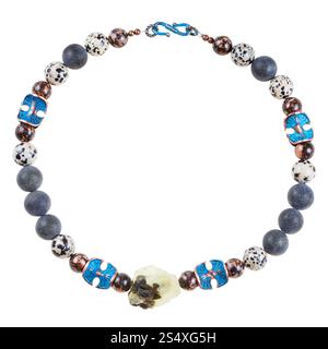 round necklace from raw Prehnite stone, polished shungite, aplite, rhodonite balls and painted copper beads isolated on white background Stock Photo