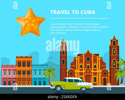 Urban landscape of cuba. Different historical symbols and landmarks. Travel and tourism, cityscape cuba, building city and landscape urban. Vector illustration. Urban landscape of cuba. Different historical symbols and landmarks Stock Vector