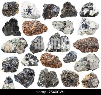 set of various natural mineral stones - titanium ore (knopite, perovskite, titanite, sphene, ilmenorutile, rutile) isolated on white background Stock Photo