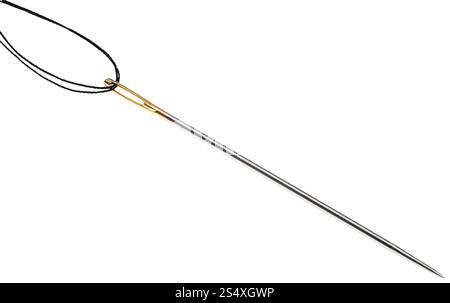 sewing needle with black thread threaded through the golden needles eye isolated on white background Stock Photo