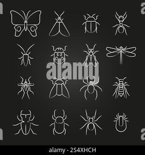 Popular insects line icons set. Bug and beetle, bee and spider. Vector illustration. Popular insects line icons set Stock Vector