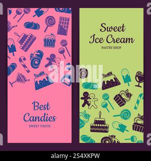 Vector card or flyer template for pastry or confectionary shop with flat style sweets icons illustration. Vector card or flyer template for pastry Stock Vector