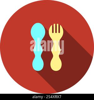 Baby Spoon And Fork Icon. Flat Circle Stencil Design With Long Shadow. Vector Illustration. Stock Vector