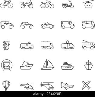 Public passenger transport line icons. Cars and vehicles set. Transportation and shipping outline symbols isolated. Vector scooter and trolleybus illustration. Public passenger transport line icons. Cars and vehicles set. Transportation and shipping outline symbols isolated Stock Vector