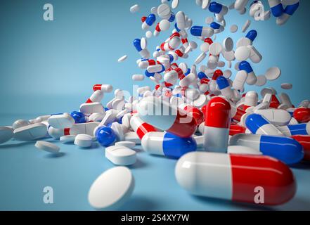 Blue and red pills falling on blue background. 3d render Stock Photo