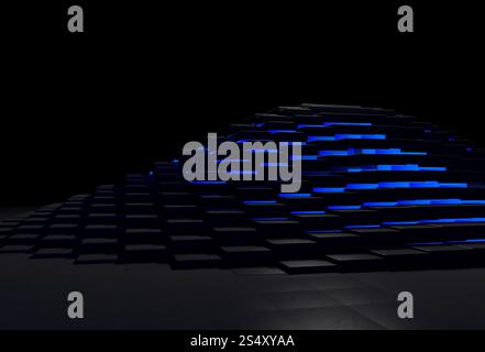 Abstract 3D background with black stone pyramid glowing with blue light Stock Photo