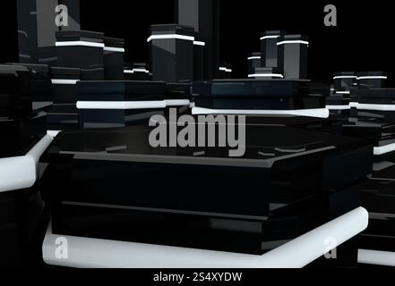 3D glossy black hexagons with glowing surface Stock Photo