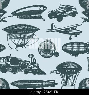 Vector pattern or background illustration with steampunk hand drawn airships, bicycles and cars. Vintage and retro. Vector pattern or background illustration vintage hand drawn airships Stock Vector
