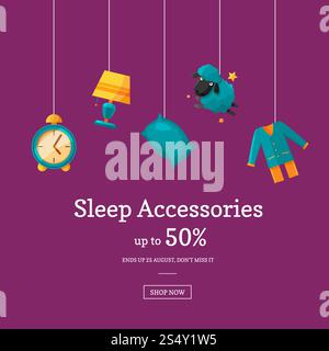 Vector sale background with cartoon sleep elements hanging on threads with place for text illustration. Vector sale background with cartoon sleep elements Stock Vector