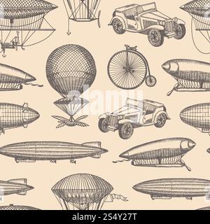 Vector background pattern with steampunk hand drawn airships, bicycles and cars illustration. Vector pattern with steampunk hand drawn airships, Stock Vector