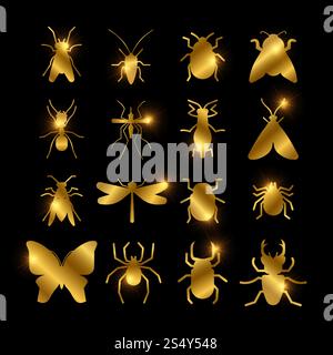 Shiny golden insects silhouette of set isolated on black background. Vector illustration. Shiny golden insects silhouette set Stock Vector