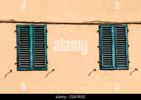 travel to Italy - closed green windows on yellow wall of old house in Florence city Stock Photo