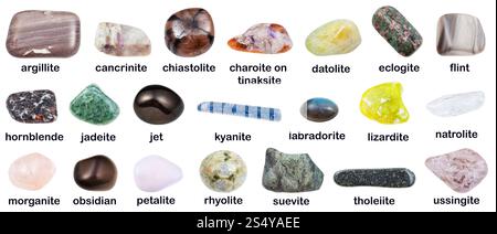 geological collection of tumbled mineral stones with descriptions - hornblende, lignite cancrinite, ussingite, obsidian, flint, labradorite, Stock Photo
