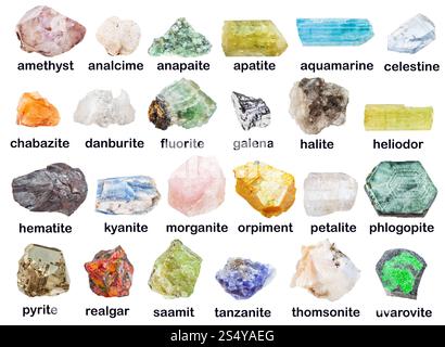 geological collection of various mineral stones with descriptions - fluorite, hematite, phlogopite, halite, danburite, petalite, castorite, heliodor, Stock Photo