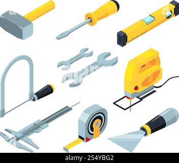 Electronic tools for construction. Isometric pictures set. Isometric of equipment tools, repair and work industry, screwdriver and wrench, vector illustration. Electronic tools for construction. Isometric pictures set Stock Vector