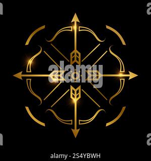 Golden bow and arrows on black background. Archery emblem vector design illustration. Bow and arrows on black background. Archery emblem vector design Stock Vector