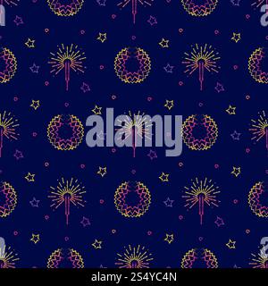 Fireworks, festive pyrotechnic and stars seamless background pattern. Vector illustration. Fireworks, festive pyrotechnic and stars seamless pattern Stock Vector