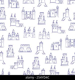 Medieval castles, fortress, bastions isolated on white seamless background pattern. Vector illustration. Medieval castles, fortress, bastions seamless pattern Stock Vector