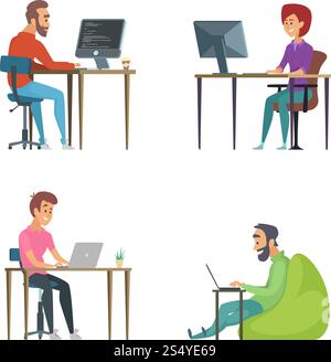 Professional programmers at work. Illustrations of funny characters. Programmer with computer on workplace, occupation and process programming vector. Professional programmers at work. Illustrations of funny characters Stock Vector