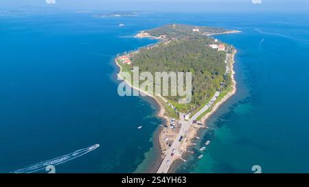 Aerial drone view of Urla district of Izmir, Turkey's third largest city. Iskele - Karantina island - Turkey Stock Photo