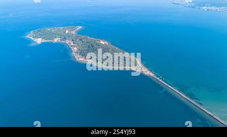 Aerial drone view of Urla district of Izmir, Turkey's third largest city. Iskele - Karantina island - Turkey Stock Photo