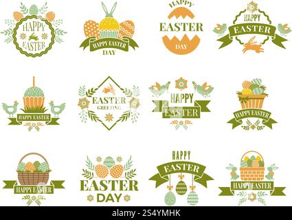Set of vintage labels and badges of easter theme. Easter retro badge, spring celebration banner and emblem. Vector illustration. Set of vintage labels and badges of easter theme Stock Vector